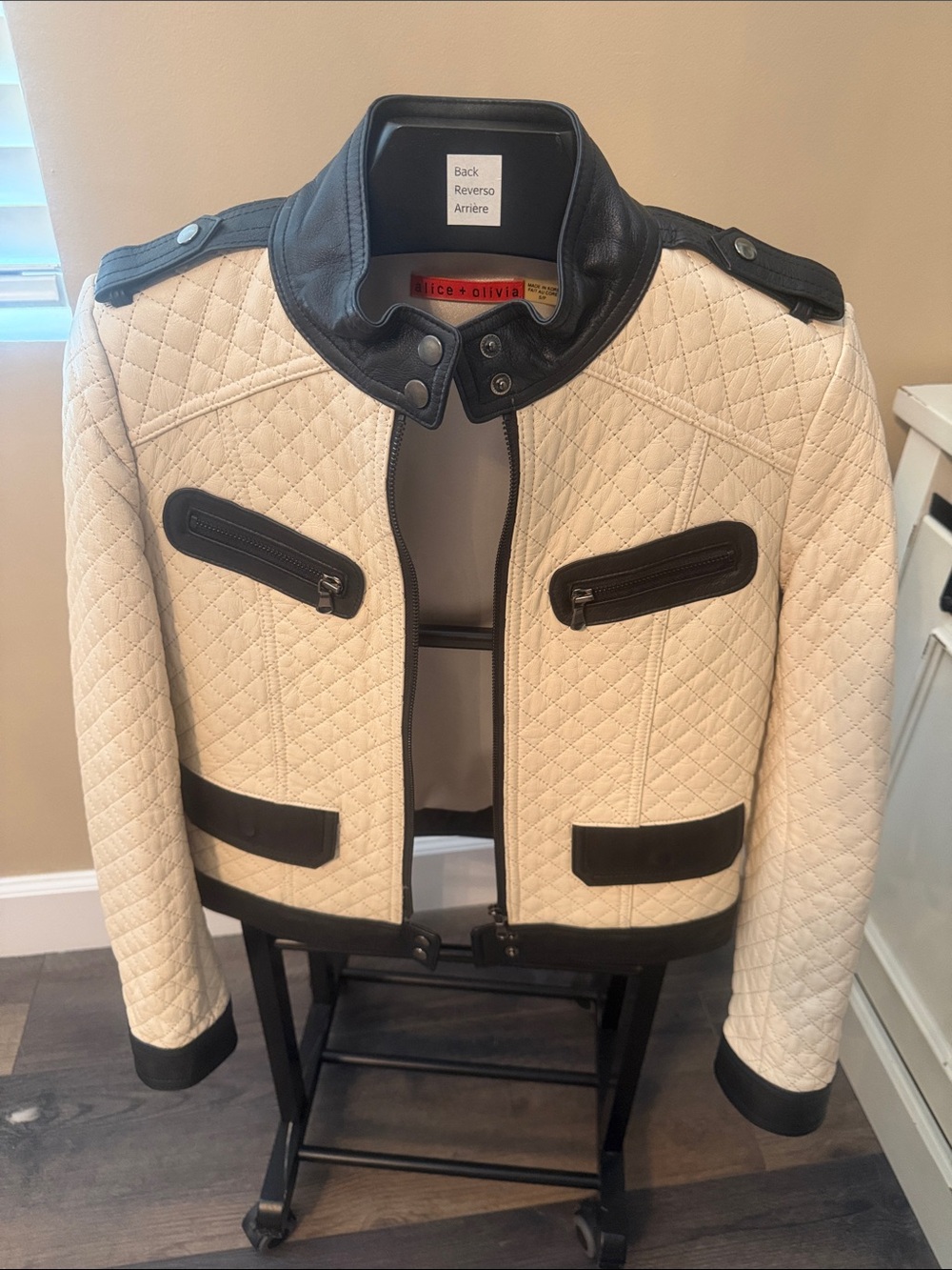 Alice + Olivia Cream Quilted Jacket with Black Trim